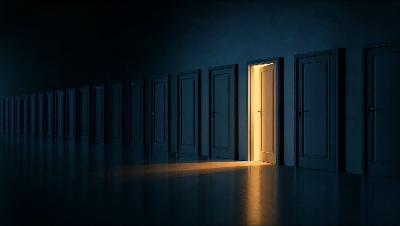A row of closed doors with one standing open to the light