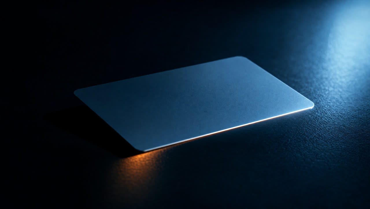 A plain unmarked payment card lit from one low angle
