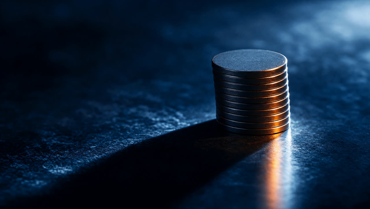 A stack of plain coins throwing a long shadow