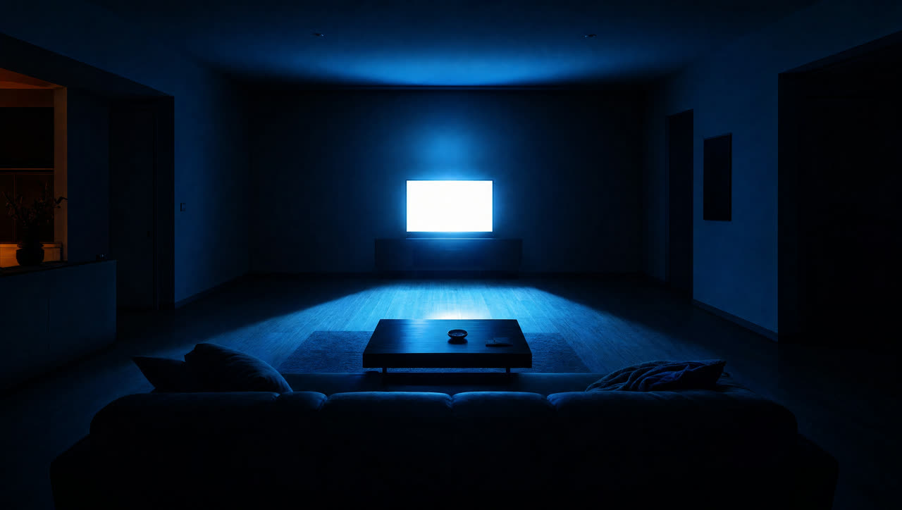A dark room lit only by the glow of a television